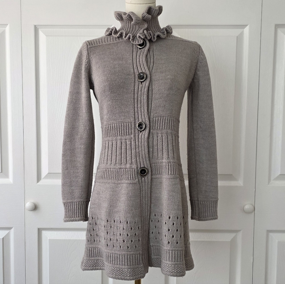 Gray Ruffle Long Cardigan - Picture 1 of 6